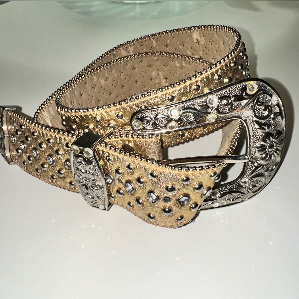 Western genuine leather gold metallic embellished rhinestone belt.
